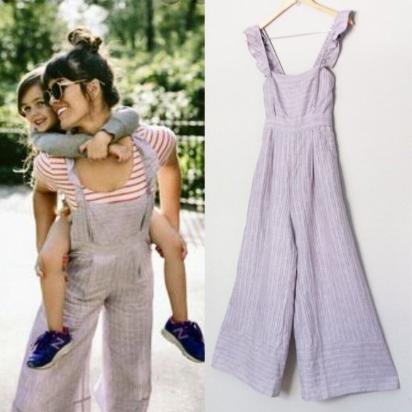 Anthropologie Elevenses Linen Nantucket Ruffle Wide Leg Jumpsuit Lavender $148 - Picture 16 of 16